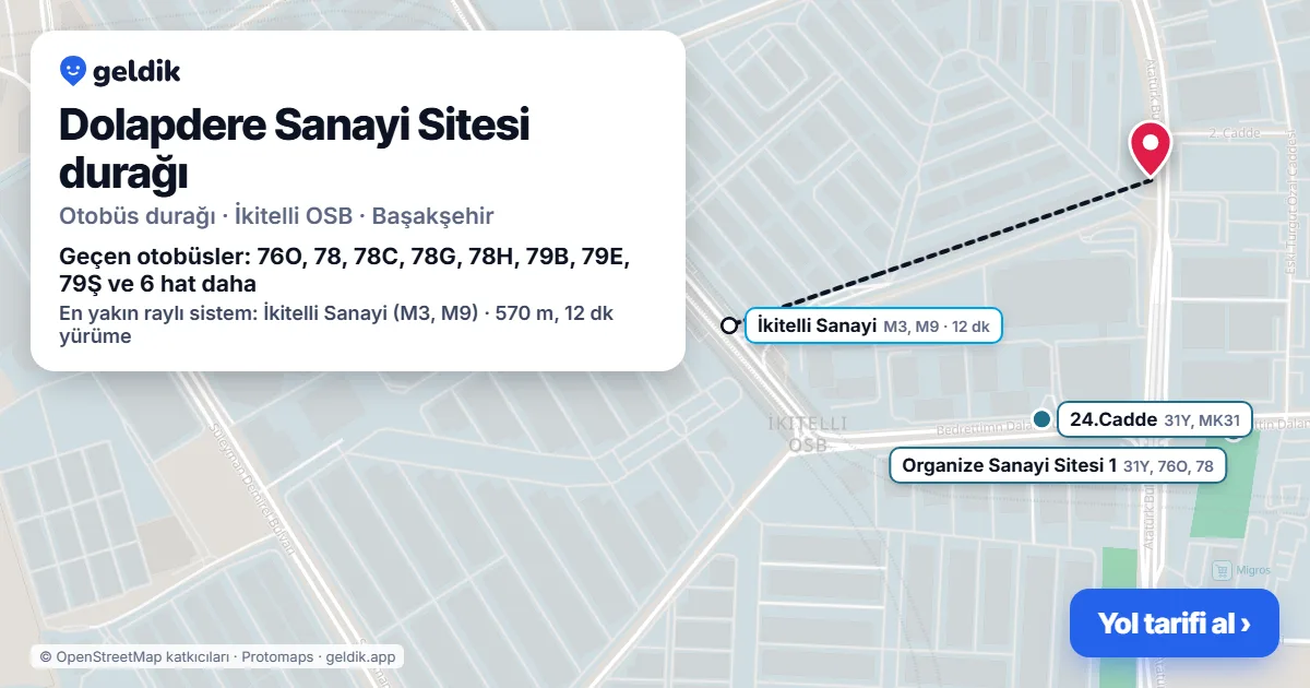 Dolapdere Sanayi Sitesi otobüs durağı haritada: konumu ve yakındaki duraklar