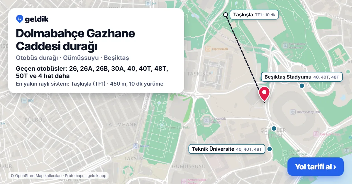 Dolmabahçe Gazhane Caddesi otobüs durağı haritada: konumu ve yakındaki duraklar