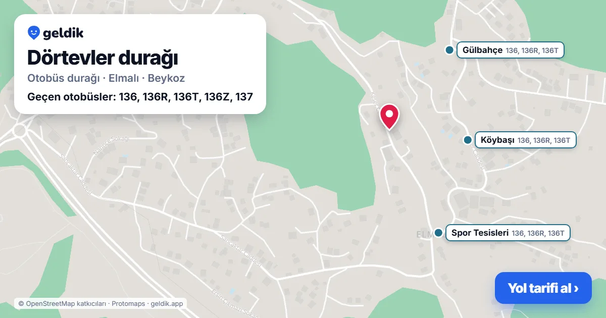 Dörtevler otobüs durağı haritada: konumu ve yakındaki duraklar