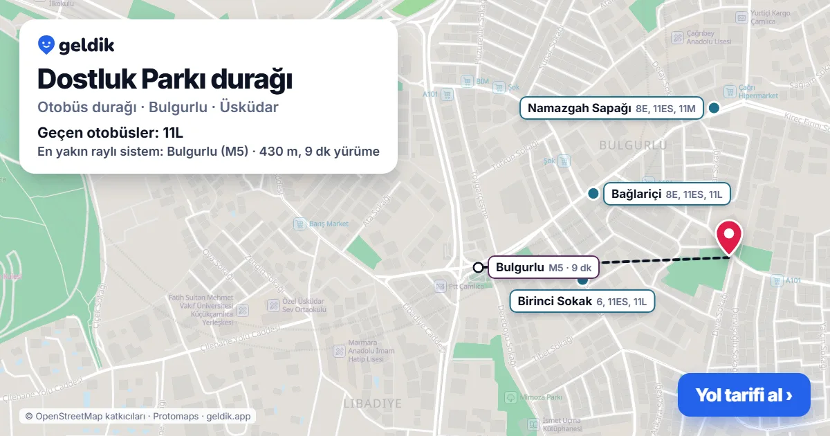 Dostluk Parkı otobüs durağı haritada: konumu ve yakındaki duraklar