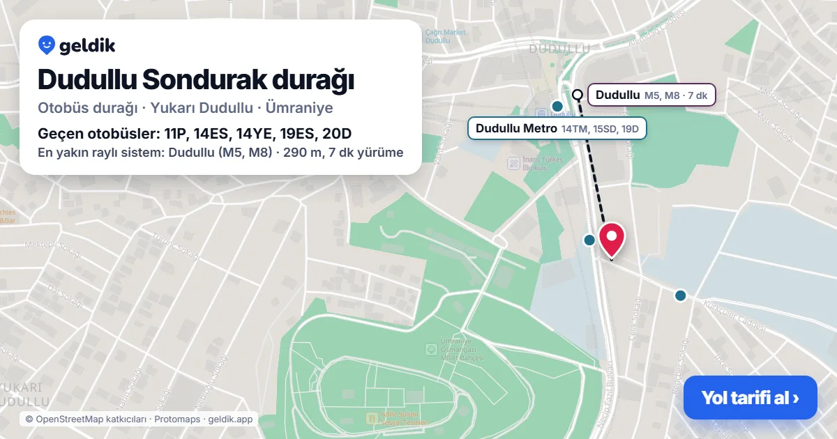 Dudullu Sondurak otobüs durağı haritada: konumu ve yakındaki duraklar