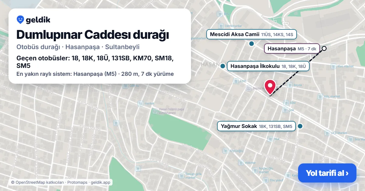 Dumlupınar Caddesı otobüs durağı haritada: konumu ve yakındaki duraklar