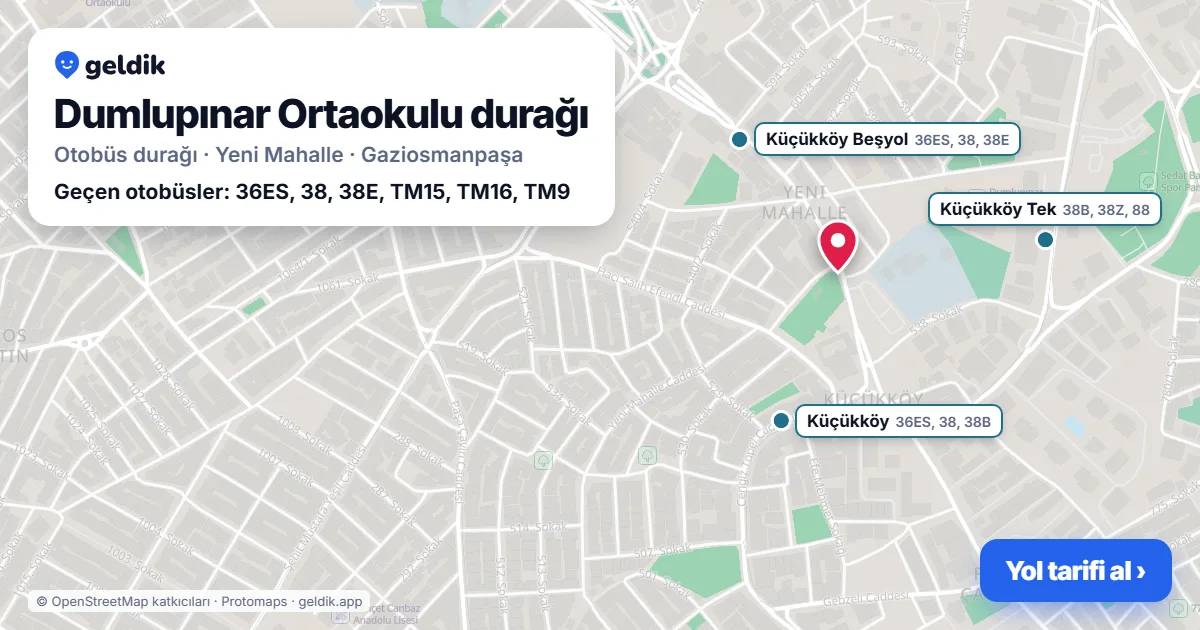 Dumlupınar Ortaokulu otobüs durağı haritada: konumu ve yakındaki duraklar