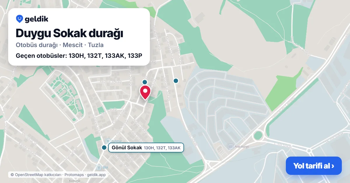 Duygu Sokak otobüs durağı haritada: konumu ve yakındaki duraklar