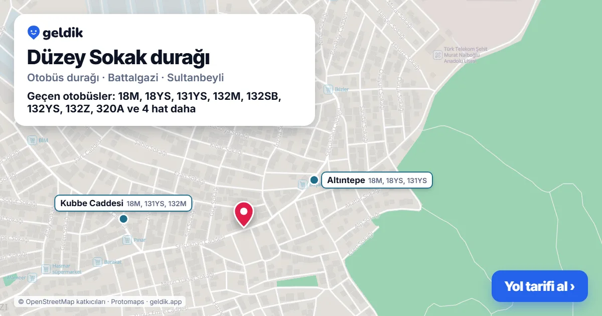 Düzey Sokak otobüs durağı haritada: konumu ve yakındaki duraklar