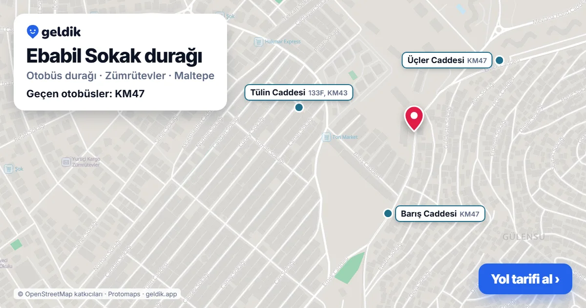Ebabil Sokak otobüs durağı haritada: konumu ve yakındaki duraklar