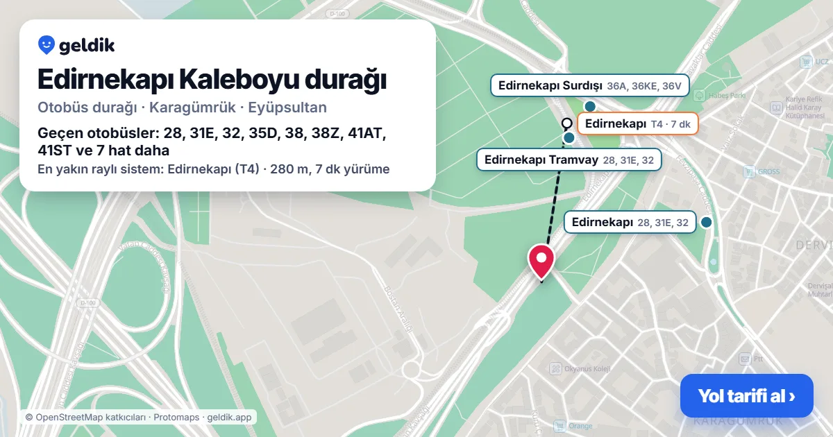 Edirnekapı Kaleboyu otobüs durağı haritada: konumu ve yakındaki duraklar
