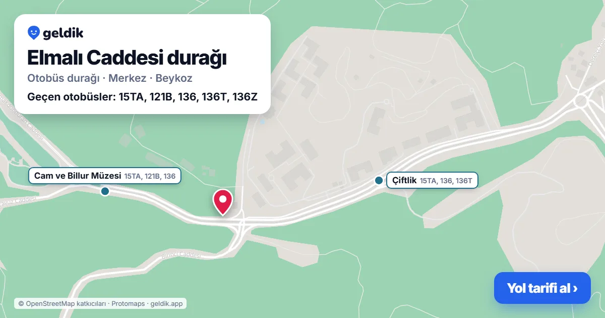 Elmalı Caddesi otobüs durağı haritada: konumu ve yakındaki duraklar