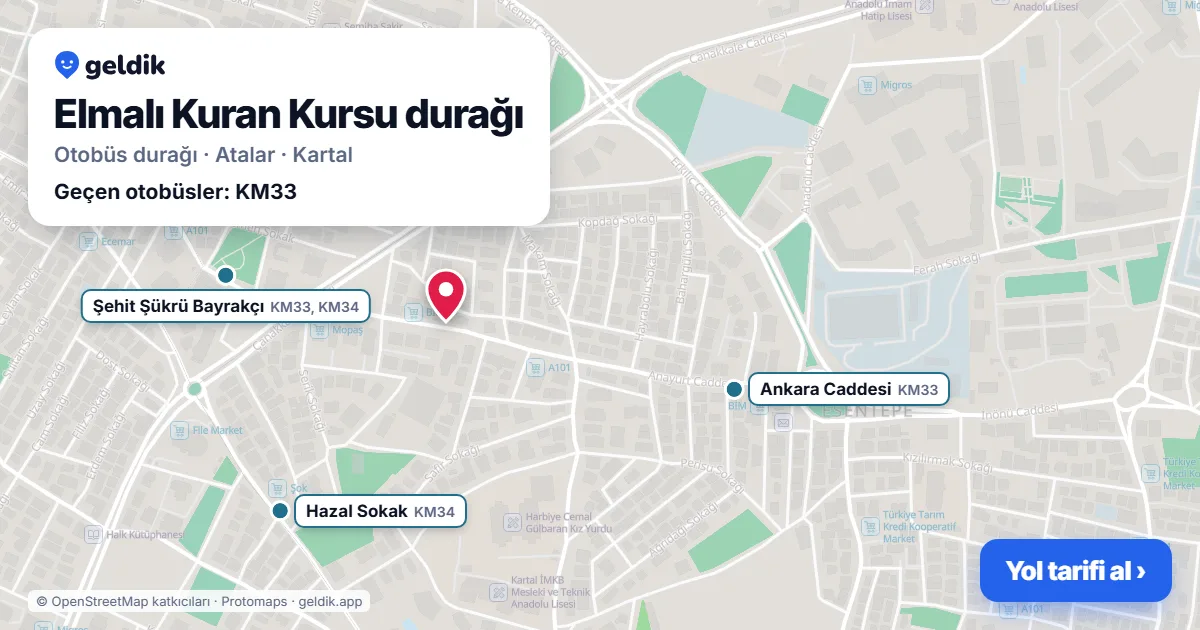 Elmalı Kuran Kursu otobüs durağı haritada: konumu ve yakındaki duraklar