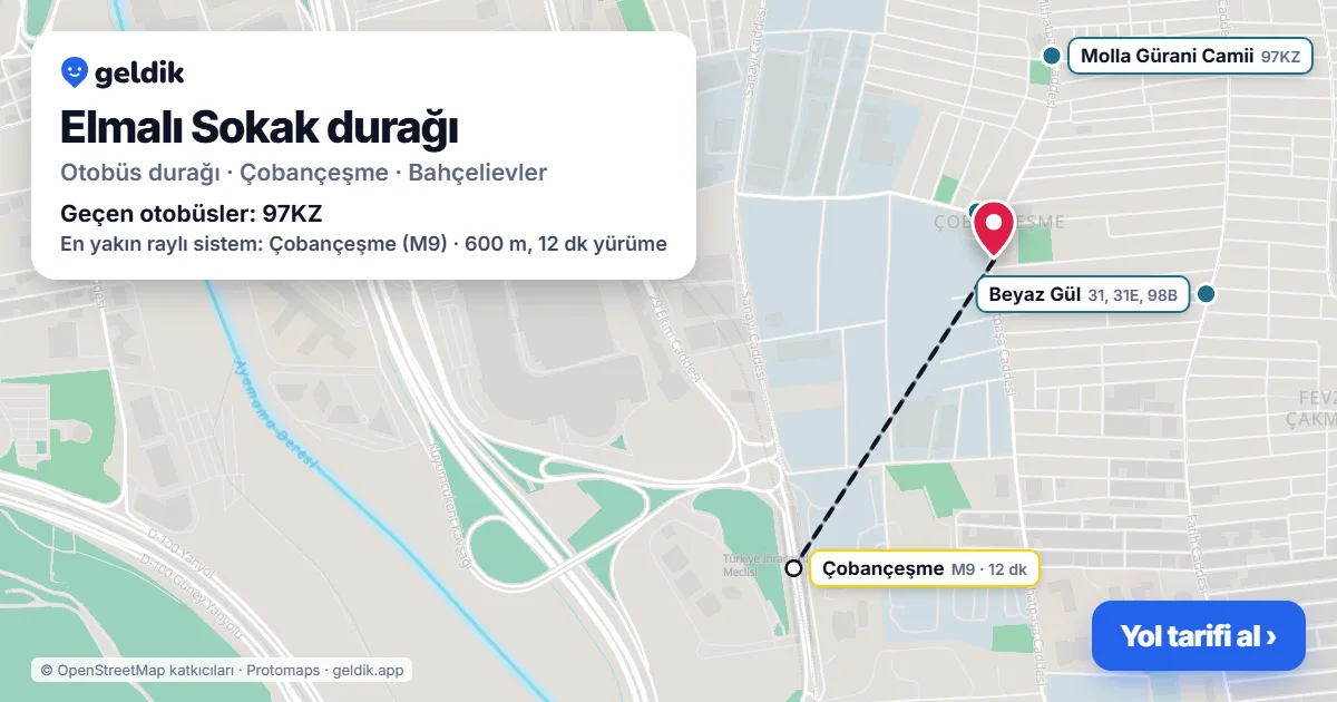 Elmalı Sokak otobüs durağı haritada: konumu ve yakındaki duraklar