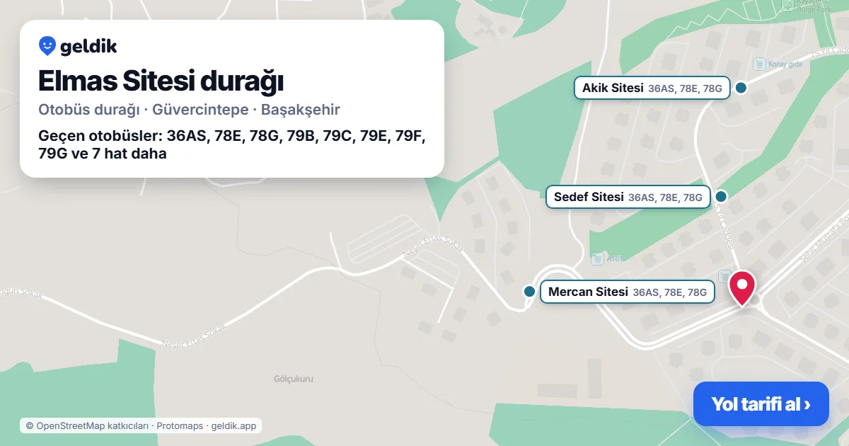 Elmas Sitesi otobüs durağı haritada: konumu ve yakındaki duraklar