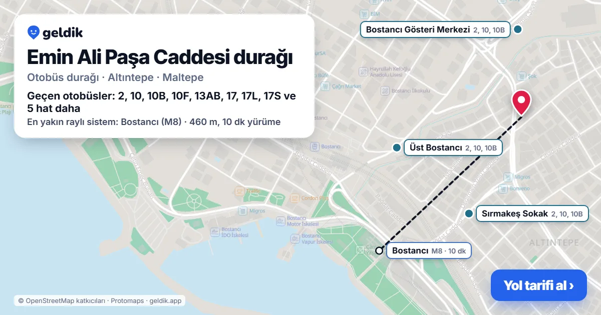 Emin Ali Paşa Caddesi otobüs durağı haritada: konumu ve yakındaki duraklar