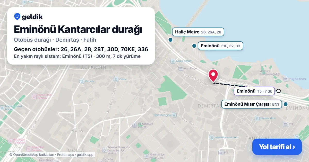 Eminönü Kantarcılar otobüs durağı haritada: konumu ve yakındaki duraklar