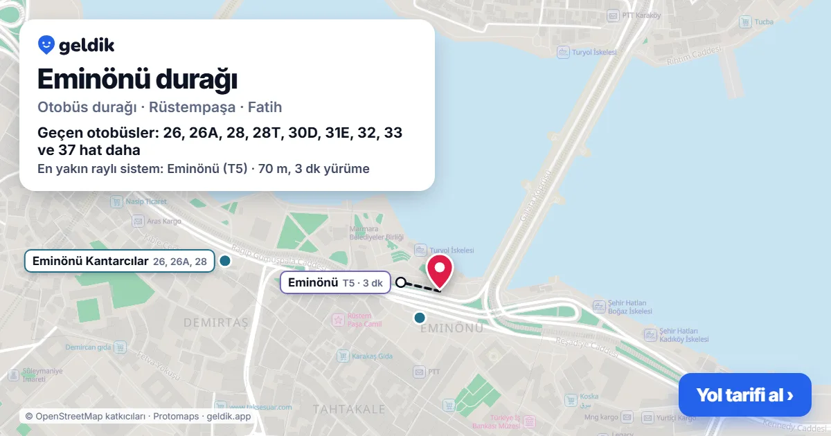 Eminönü otobüs durağı haritada: konumu ve yakındaki duraklar