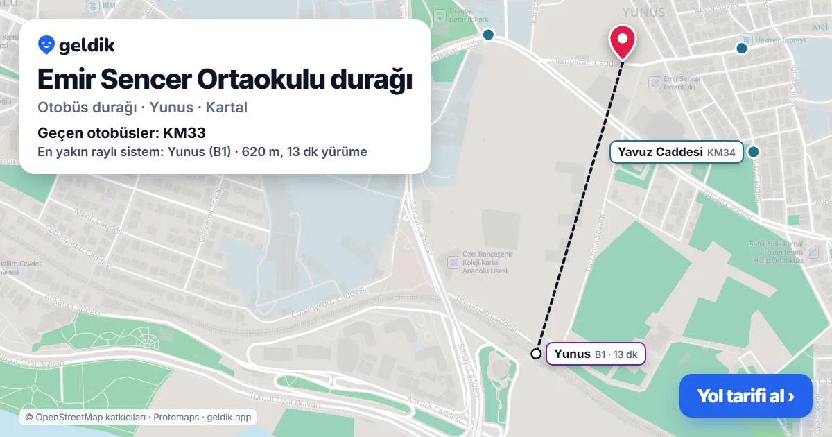 Emir Sencer Ortaokulu otobüs durağı haritada: konumu ve yakındaki duraklar