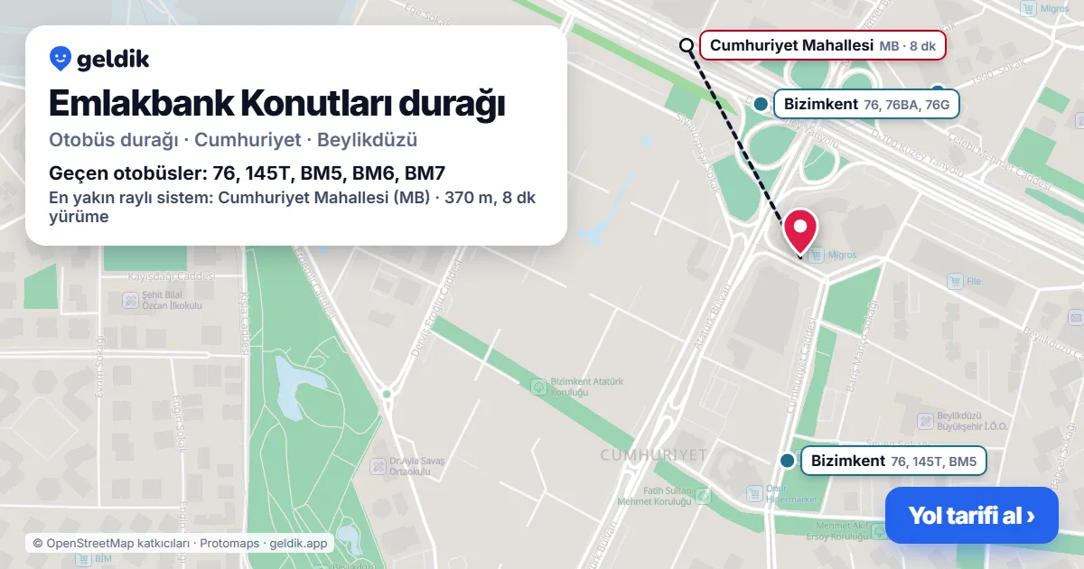 Emlakbank Konutları otobüs durağı haritada: konumu ve yakındaki duraklar