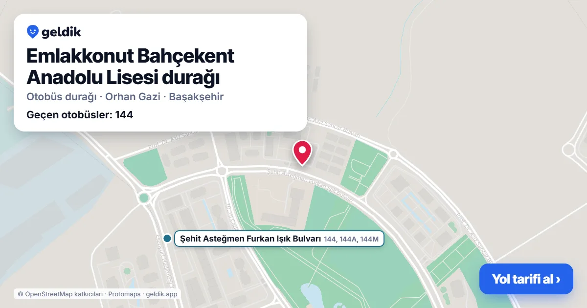 Emlakkonut Bahçekent Anadolu Lisesi otobüs durağı haritada: konumu ve yakındaki duraklar