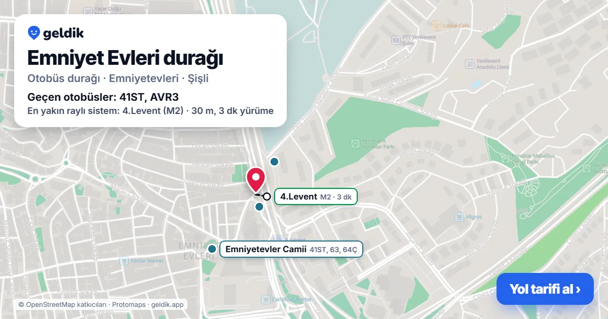 Emniyet Evleri otobüs durağı haritada: konumu ve yakındaki duraklar