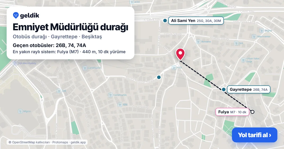 Emniyet Müdürlüğü otobüs durağı haritada: konumu ve yakındaki duraklar