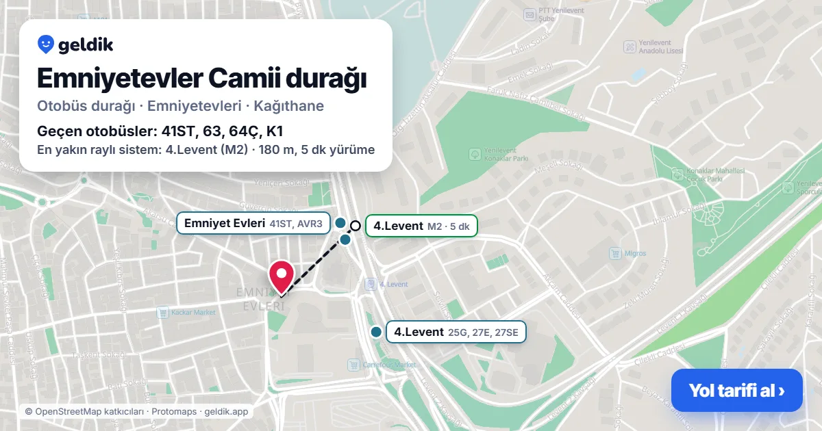 Emniyetevler Camii otobüs durağı haritada: konumu ve yakındaki duraklar