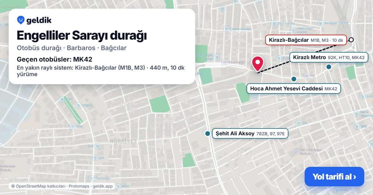 Engelliler Sarayı otobüs durağı haritada: konumu ve yakındaki duraklar