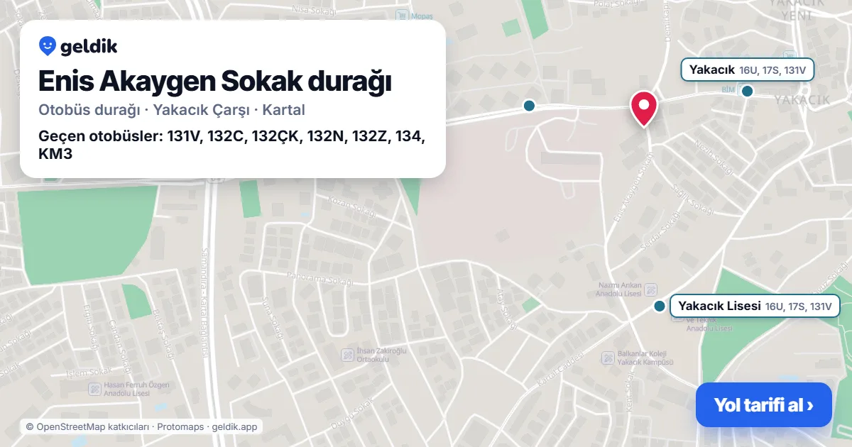 Enis Akaygen Sokak otobüs durağı haritada: konumu ve yakındaki duraklar