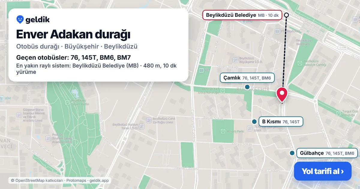 Enver Adakan otobüs durağı haritada: konumu ve yakındaki duraklar