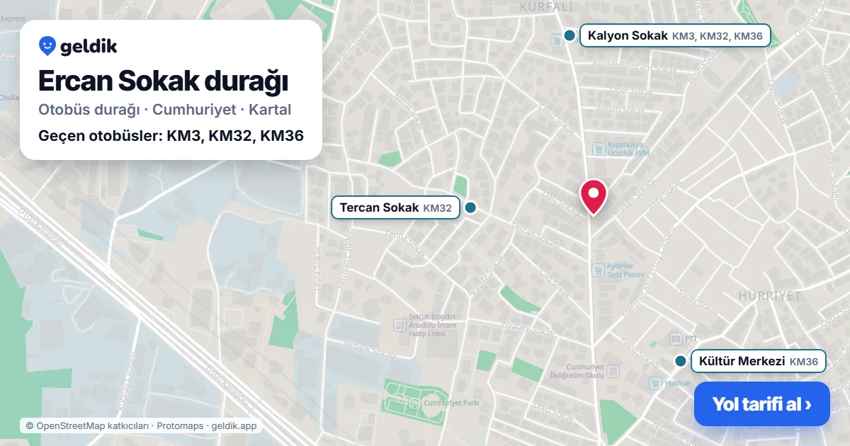Ercan Sokak otobüs durağı haritada: konumu ve yakındaki duraklar