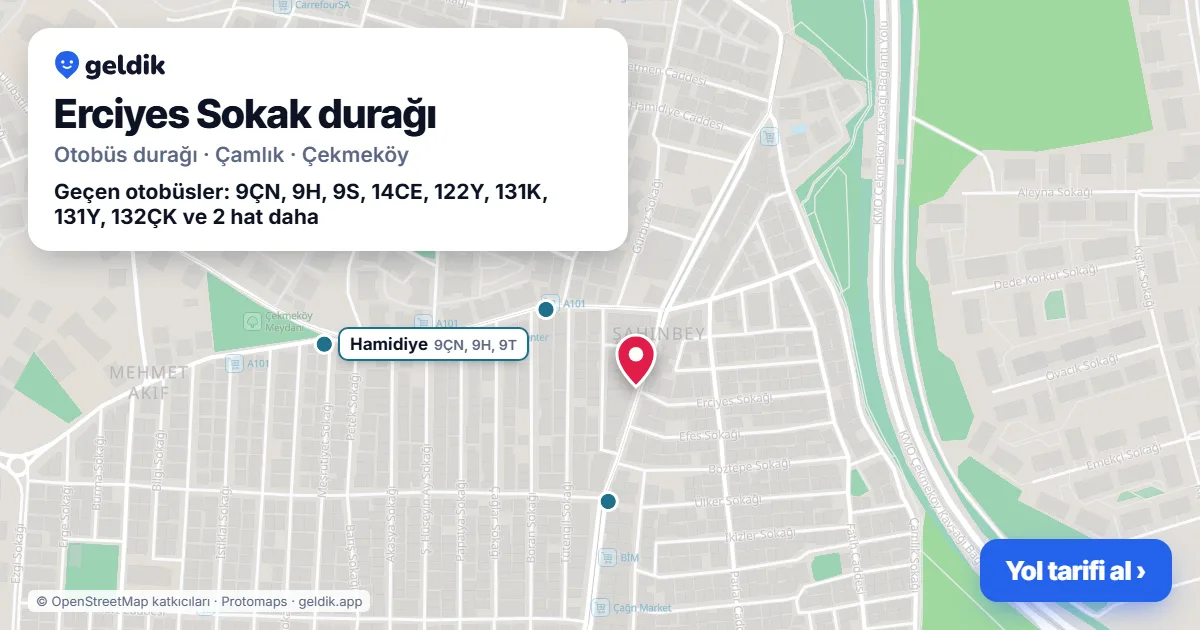 Erciyes Sokak otobüs durağı haritada: konumu ve yakındaki duraklar