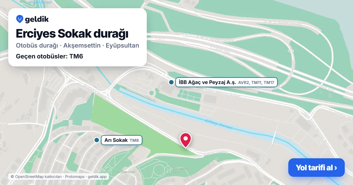 Erciyes Sokak otobüs durağı haritada: konumu ve yakındaki duraklar