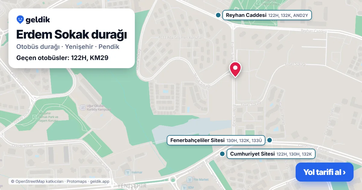Erdem Sokak otobüs durağı haritada: konumu ve yakındaki duraklar