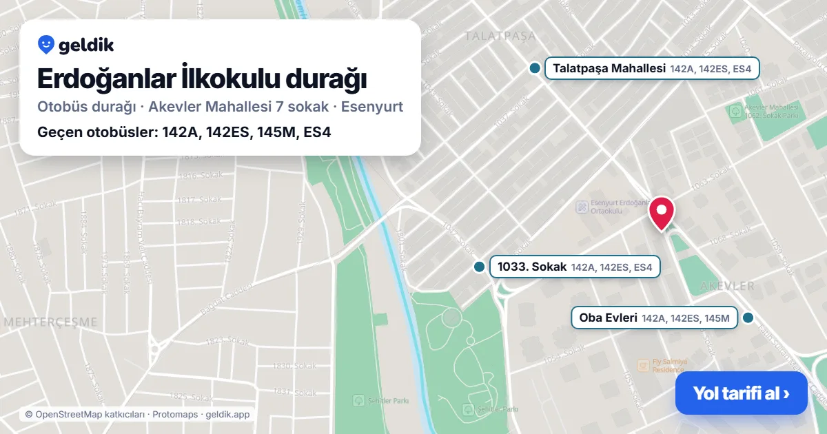 Erdoğanlar İlkokulu otobüs durağı haritada: konumu ve yakındaki duraklar