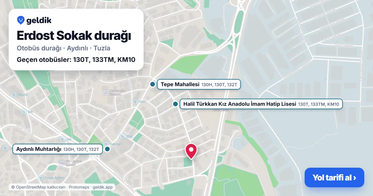 Erdost Sokak otobüs durağı haritada: konumu ve yakındaki duraklar