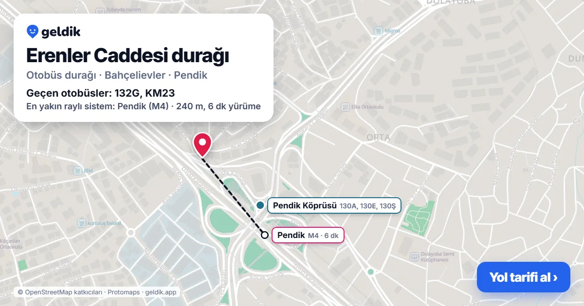 Erenler Caddesi otobüs durağı haritada: konumu ve yakındaki duraklar