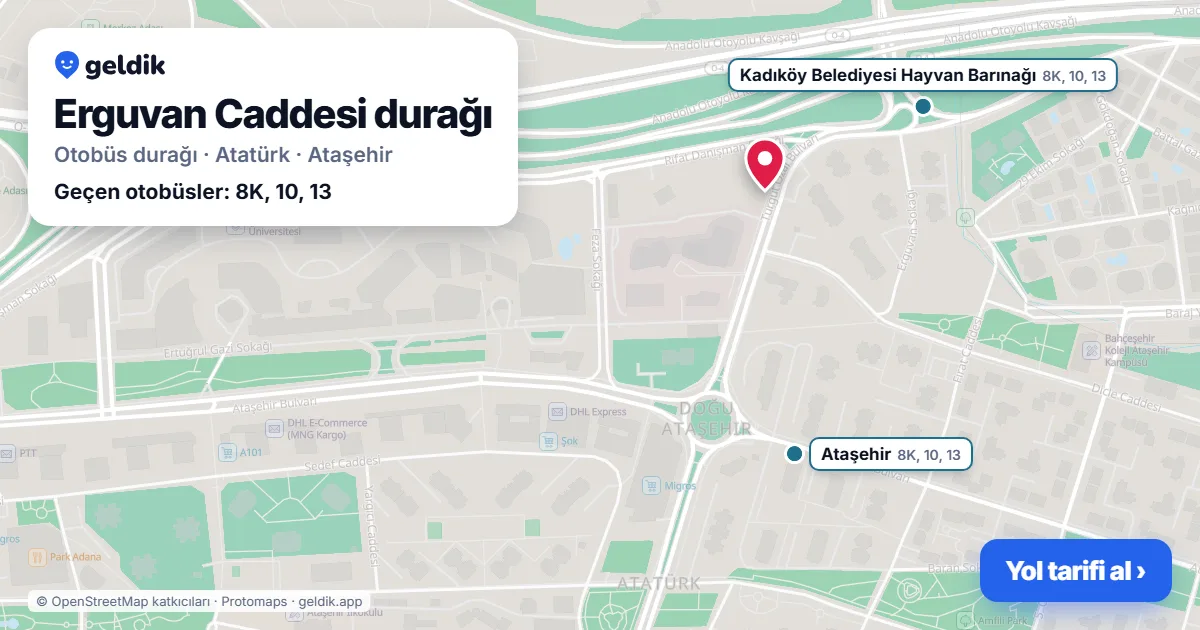 Erguvan Caddesi otobüs durağı haritada: konumu ve yakındaki duraklar