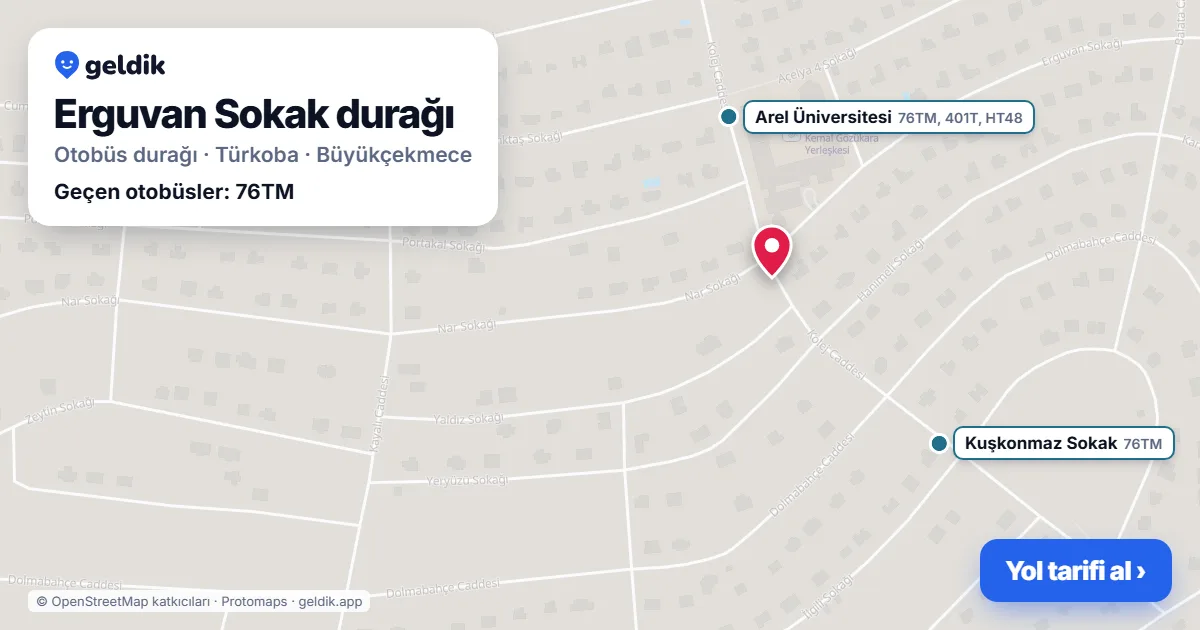 Erguvan Sokak otobüs durağı haritada: konumu ve yakındaki duraklar