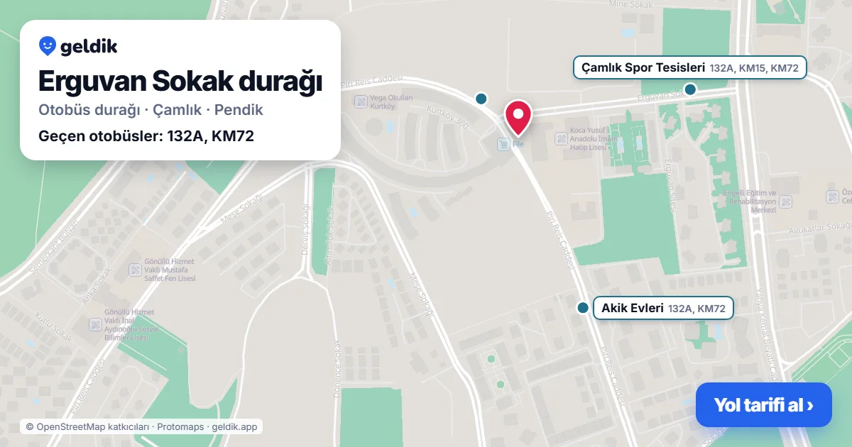 Erguvan Sokak otobüs durağı haritada: konumu ve yakındaki duraklar