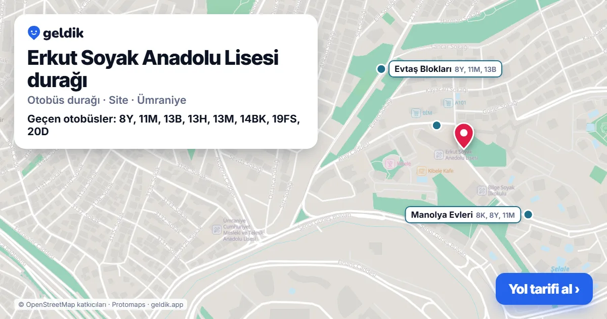Erkut Soyak Anadolu Lisesi otobüs durağı haritada: konumu ve yakındaki duraklar