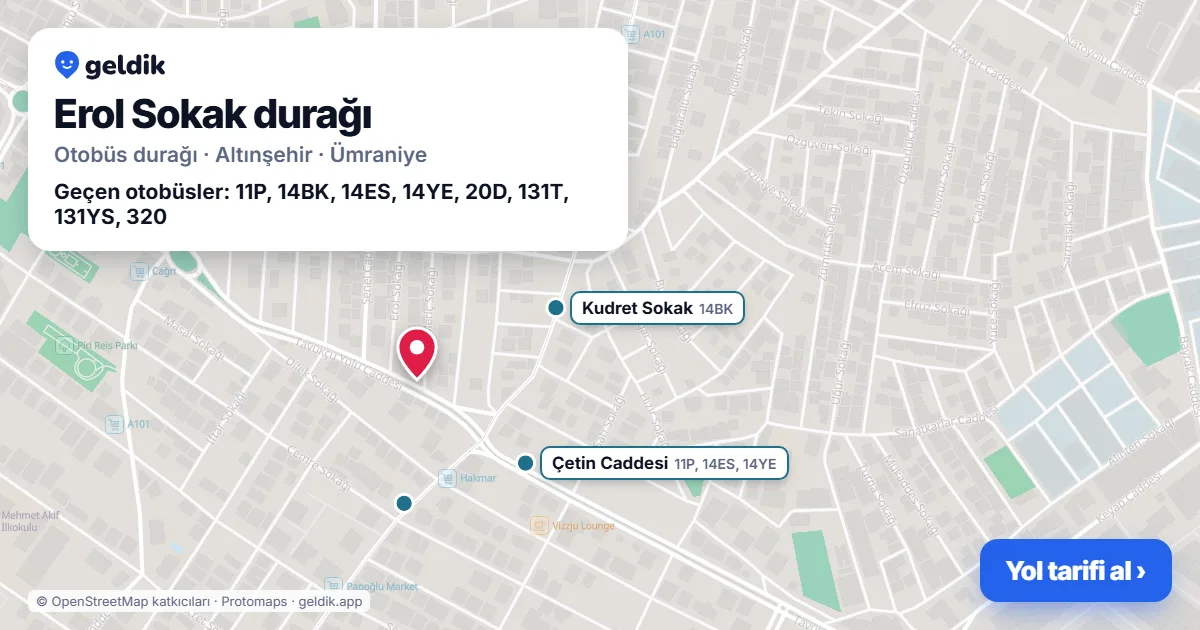 Erol Sokak otobüs durağı haritada: konumu ve yakındaki duraklar