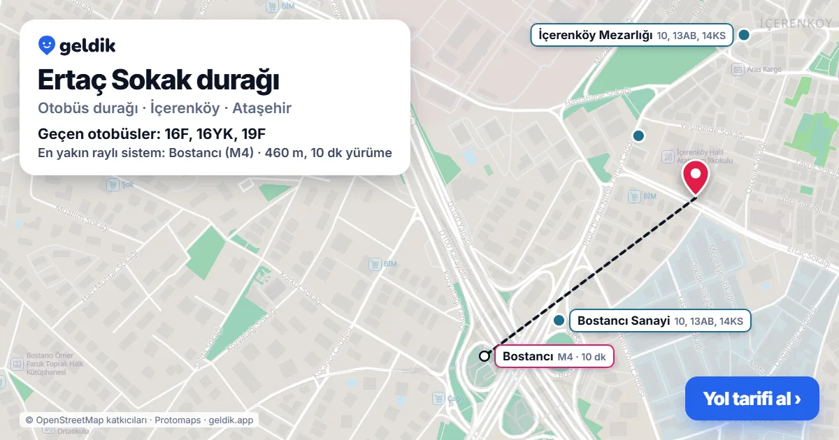 Ertaç Sokak otobüs durağı haritada: konumu ve yakındaki duraklar