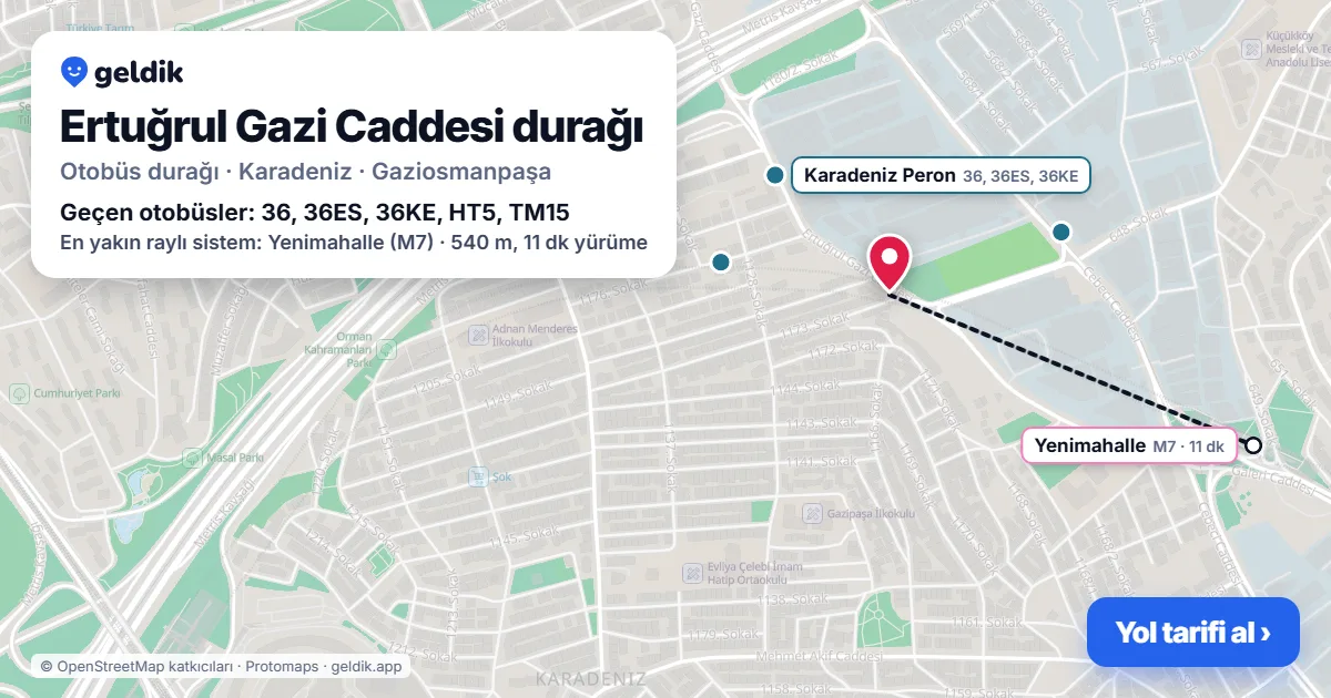 Ertuğrul Gazi Caddesi otobüs durağı haritada: konumu ve yakındaki duraklar