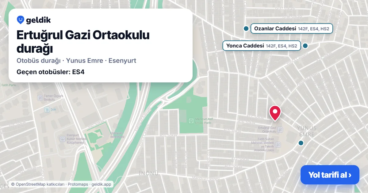 Ertuğrul Gazi Ortaokulu otobüs durağı haritada: konumu ve yakındaki duraklar