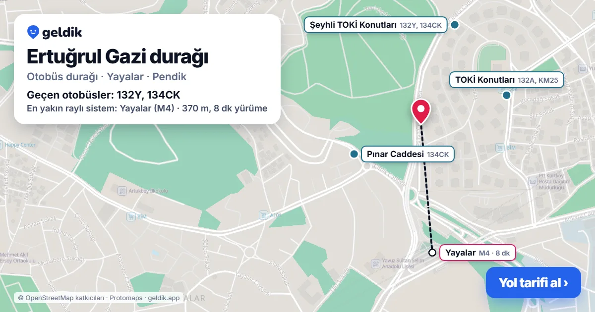 Ertuğrul Gazi otobüs durağı haritada: konumu ve yakındaki duraklar