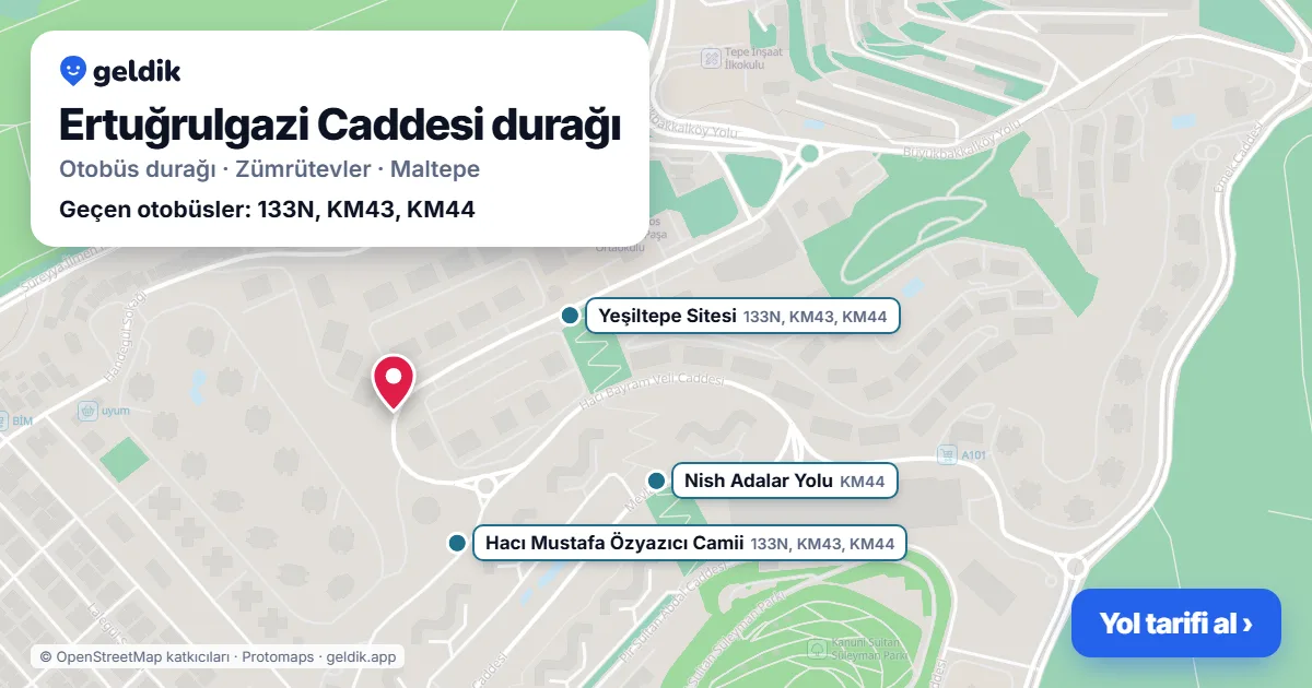 Ertuğrulgazi Caddesi otobüs durağı haritada: konumu ve yakındaki duraklar
