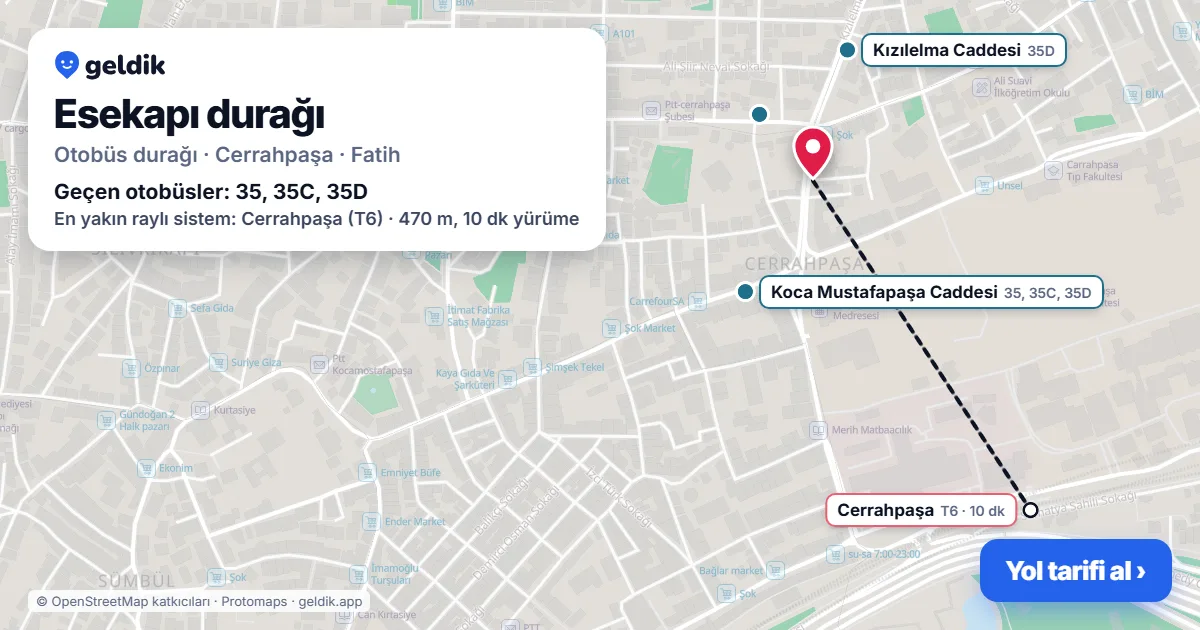Esekapı otobüs durağı haritada: konumu ve yakındaki duraklar