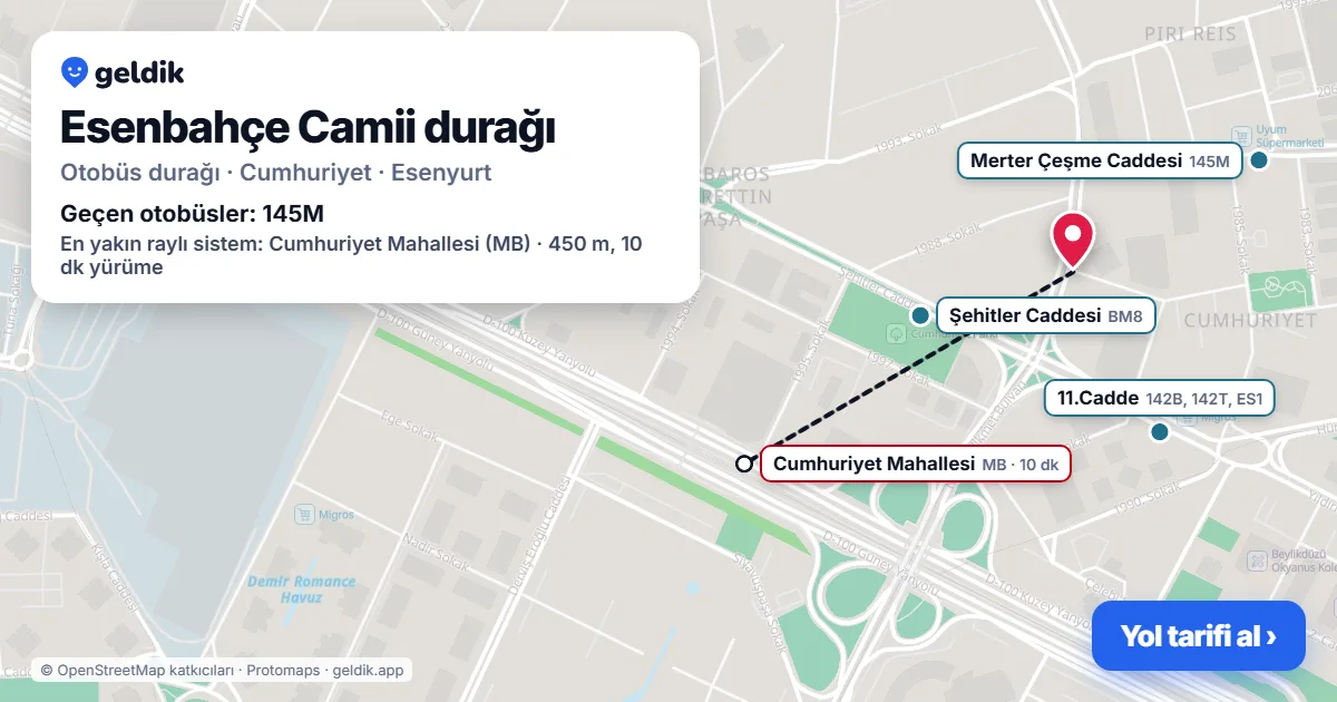 Esenbahçe Camii otobüs durağı haritada: konumu ve yakındaki duraklar