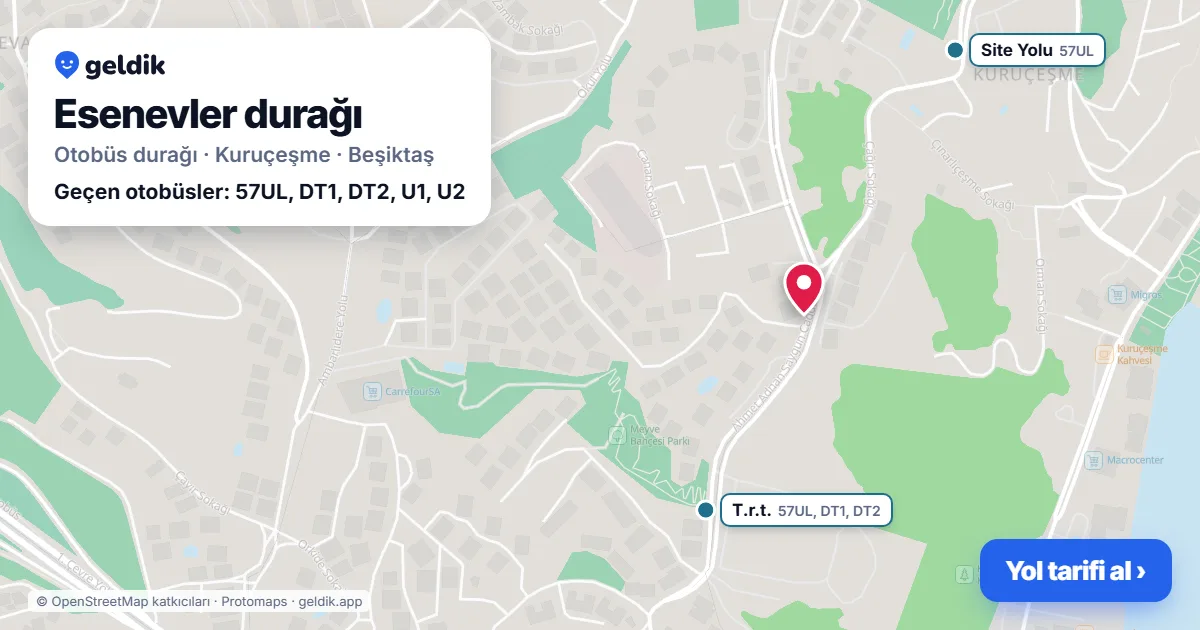 Esenevler otobüs durağı haritada: konumu ve yakındaki duraklar