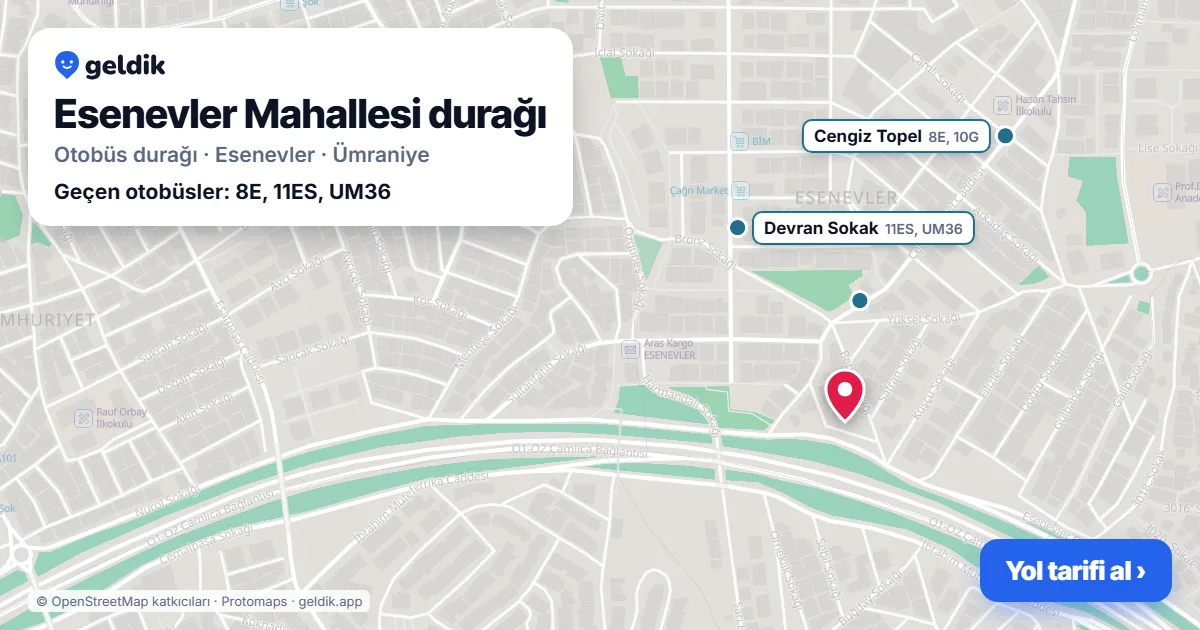 Esenevler Mahallesi otobüs durağı haritada: konumu ve yakındaki duraklar