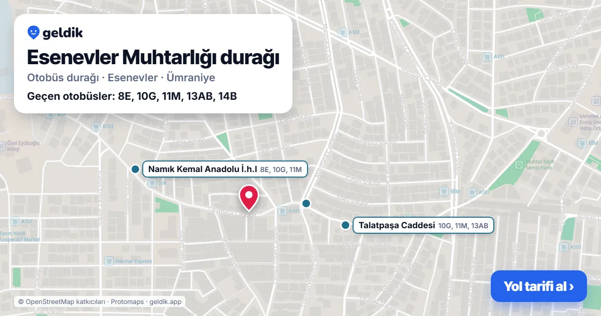 Esenevler Muhtarlığı otobüs durağı haritada: konumu ve yakındaki duraklar