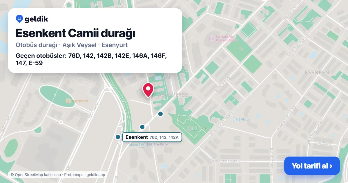 Esenkent Camii otobüs durağı haritada: konumu ve yakındaki duraklar